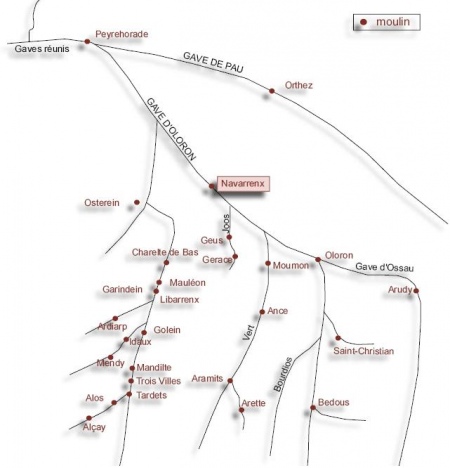Localisation du moulin de Navarrenx dans le reseau de moulin du bassin